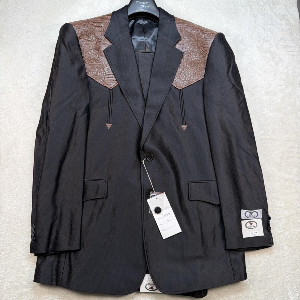 Bronco West Western Suit Mens 40R 32 Black Brown Yoke Rockabilly Vintage